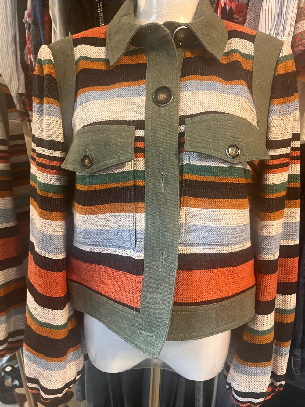 Veronica Beard Lorelei Striped Multicolor Knit Jacket with Olive Trim